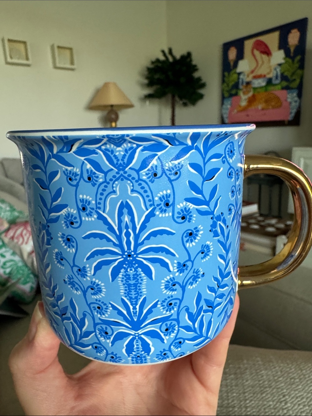 Lilly Pulitzer Blue Floral Ceramic Mug with Gold Handle LIKE NEW